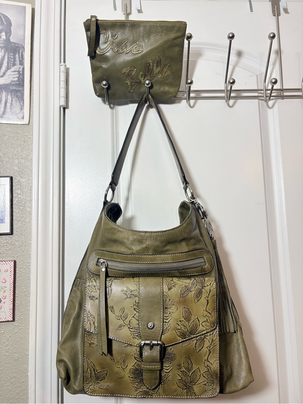 Firenze Bella Olive Leather Floral Tooled Shoulder Bag & Matching Pouch Set